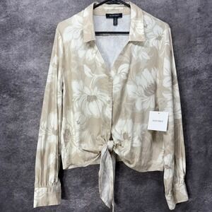 Ellen Tracy Tie Button Front Shirt Women's M Beige Aztec Floral Linen Blend